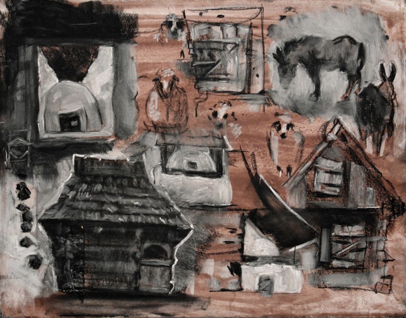 "Motiv. Astra, Sibiu" by Ioan Postică, 2015, 400x500mm, Russian sauce și sanghină pe hârtie