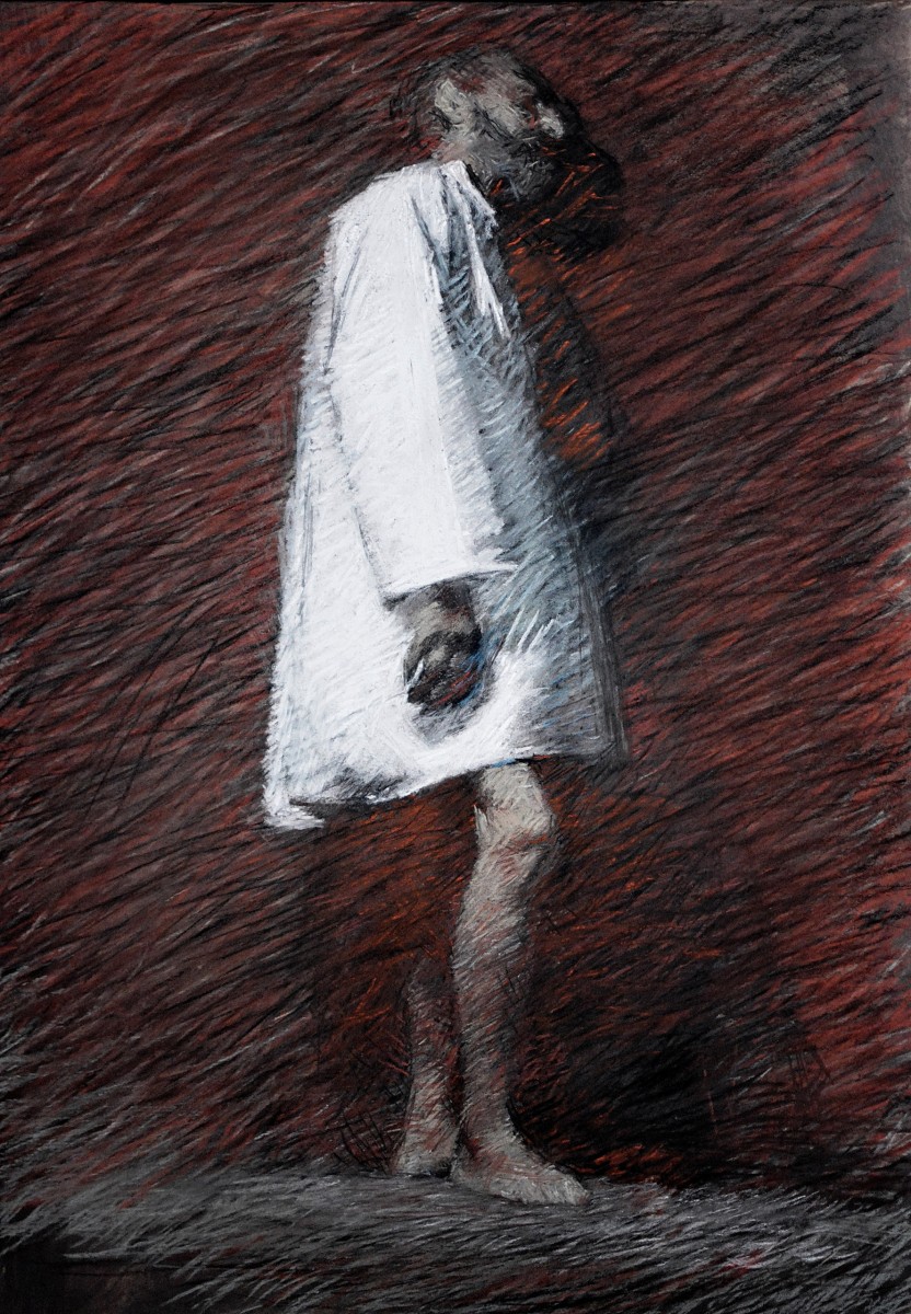 "Figure on red" by Ion Golubei, 2015, 700x500mm, Russian sauce and pastel on paper