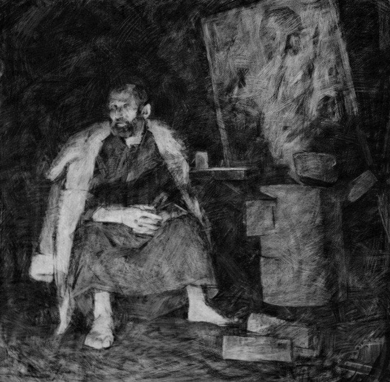 "Desen. Figură / semifigură. De lungă durată" by Cezar Ciobanu, 700x700mm, Russian sauce pe hârtie