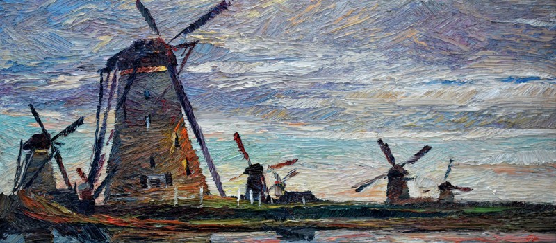 "Windmills at Kinderdijk" by Oxana Țip, 2020, 300x680mm, oil on canvas