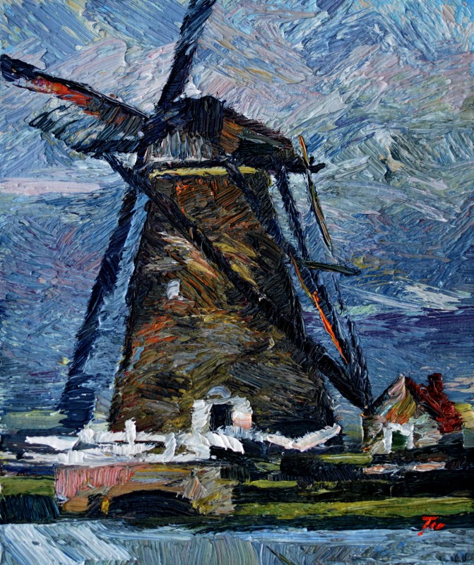"Windmill. Kinderdijk" by Oxana Țip, 2020, 300x250mm, ulei pe pânză