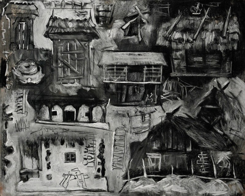 "Schițe. Muzeul Astra Sibiu" by Ioan Postică, 2015, 400x500mm, Russian sauce on paper