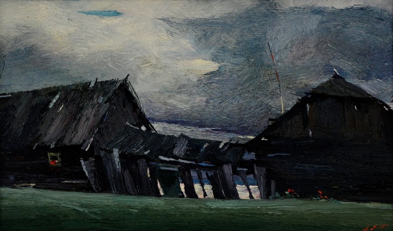 "Peisaj. Moldovița" by Anatol Ghimpu, 1999, 420x680mm, ulei pe pânză