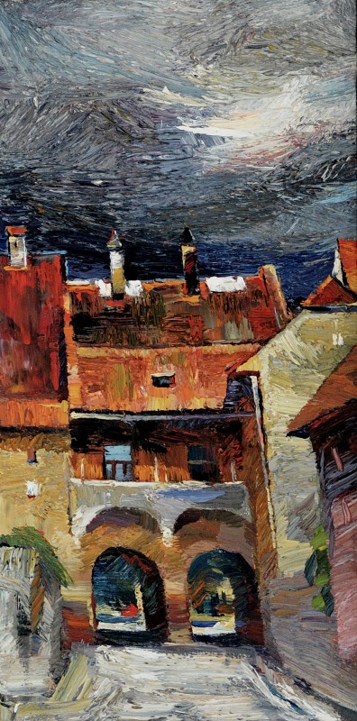 "Sighișoara" by Anatol Ghimpu, 2005, 600x300mm, oil on canvas