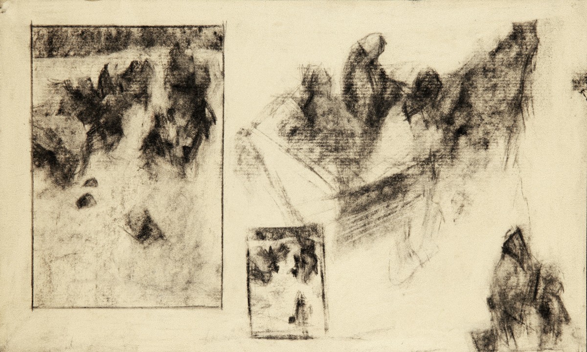 "Compoziție. Istorică" by Nicolae Luca, 2007, 250x400mm, coal on paper