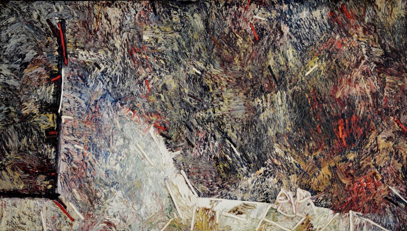 "Turnul orbilor (The tower of the blind)" by Anatol Ghimpu, 1994, 650x1150mm, oil on canvas
