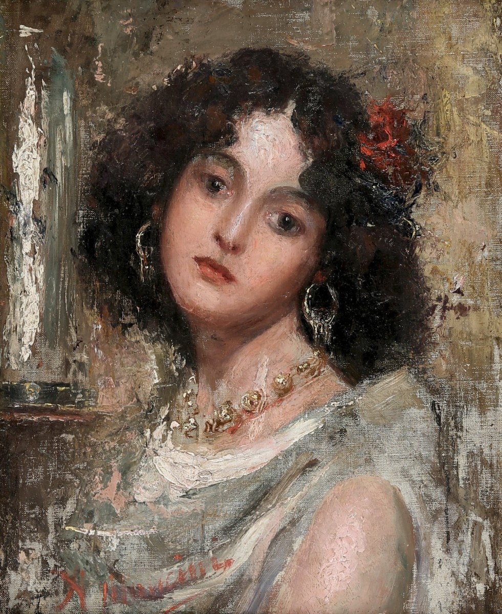 "Painting. Portrait" by Antonio Mancini, oil on canvas