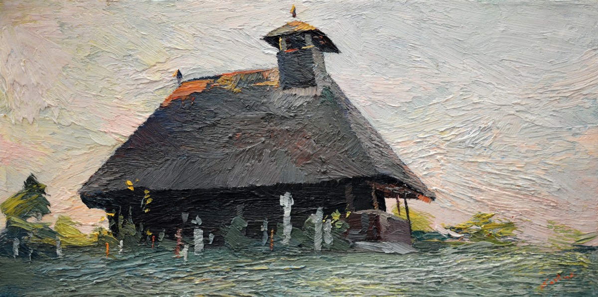 "Biserica din Hobița (Hobita Church)" by Anatol Ghimpu, 2012, 300x600mm, oil on canvas