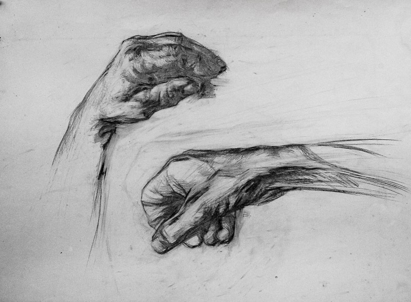 "Etude. Hands" by Nicolae Nedealcov, 1967, 400x500mm, coal on paper