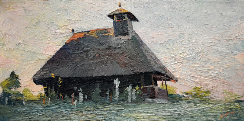 "Biserica din Hobița (Hobita Church)" by Anatol Ghimpu, 2012, 300x600mm, oil on canvas