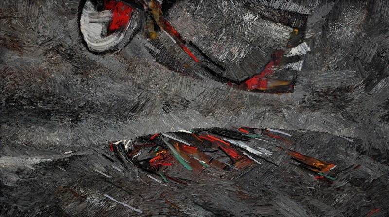 "Atelier. Îngeraș (Workshop. Angel)" by Anatol Ghimpu, 2002, 680x1200mm, oil on canvas