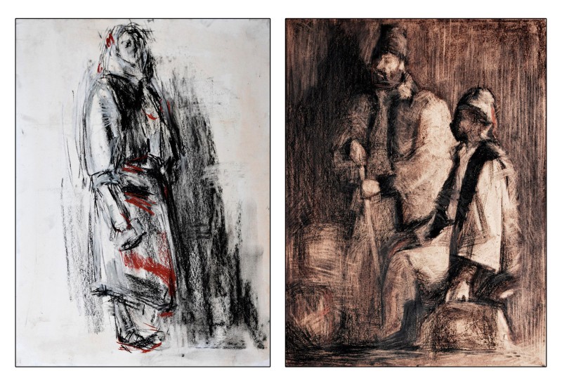"Crochiuri. Național" by Cristina Demian, 2016, 400x300mm x 2, Russian sauce and pastel on paper