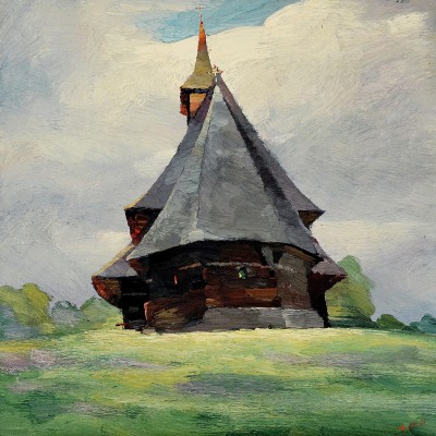 "Biserica. s. Sîrbi" by Anatol Ghimpu, 2000, 680x680mm, ulei pe pânză