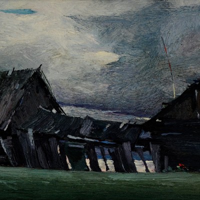 "Peisaj. Moldovița" by Anatol Ghimpu, 1999, 420x680mm, ulei pe pânză