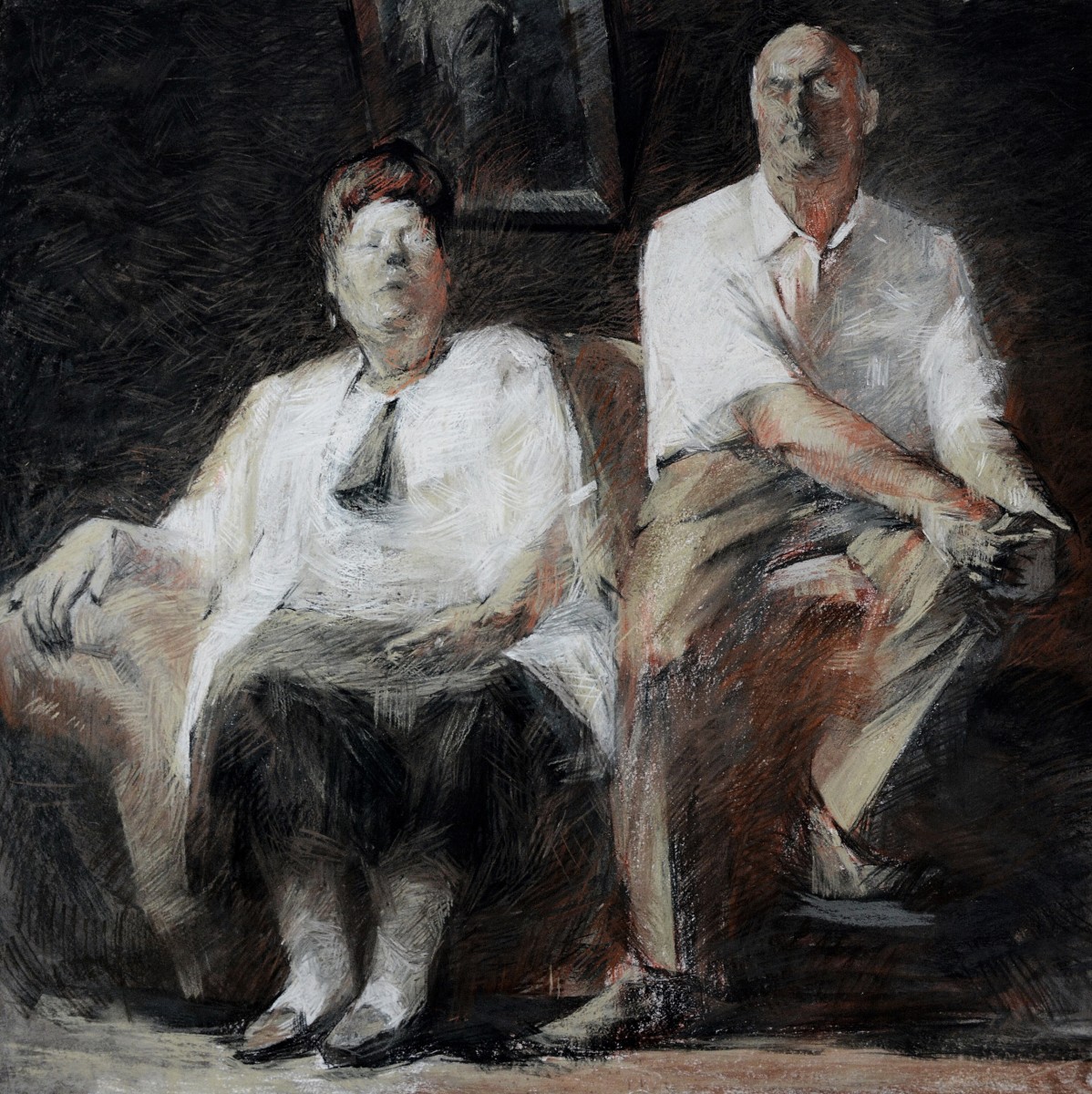 "Figură dublă" by Cаролина Леагул, 2014, 700x700mm, соус и сангина / бумага