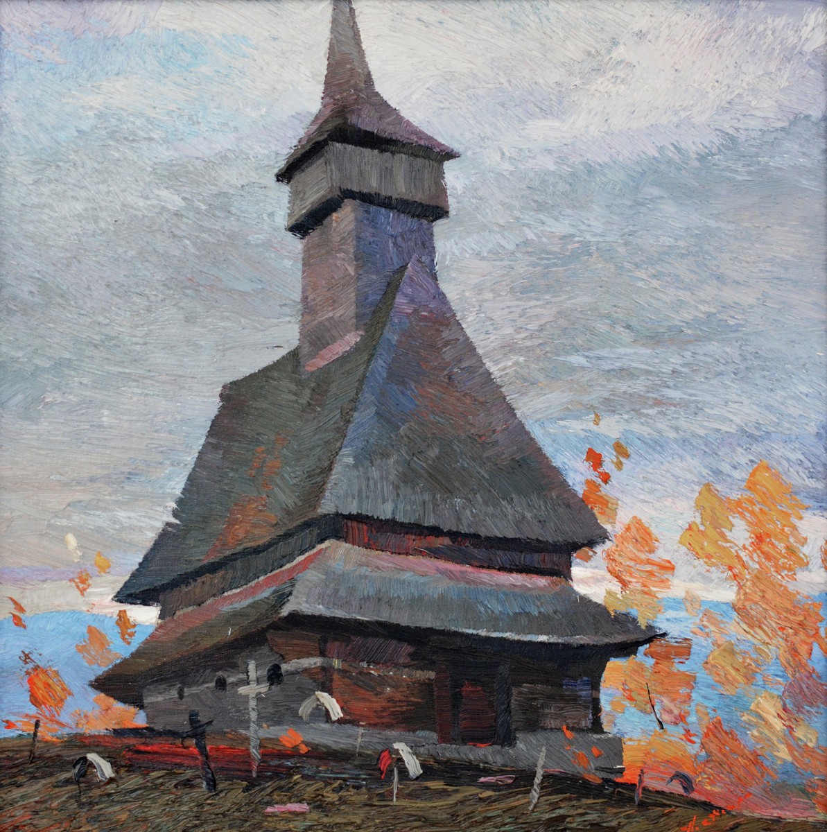 "The church. Maramureș" by Anatol Ghimpu, 2000, 520x520mm, oil on canvas