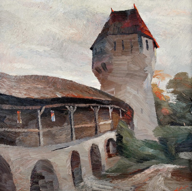 "Turnul Croitorilor. Sighișoara" by Anatol Ghimpu, 2001, 520x520mm, ulei pe pânză