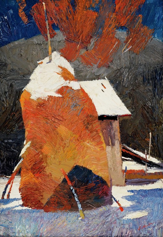 "Etude with haystacks" by Anatol Ghimpu, 2004, 300x600mm, oil on canvas
