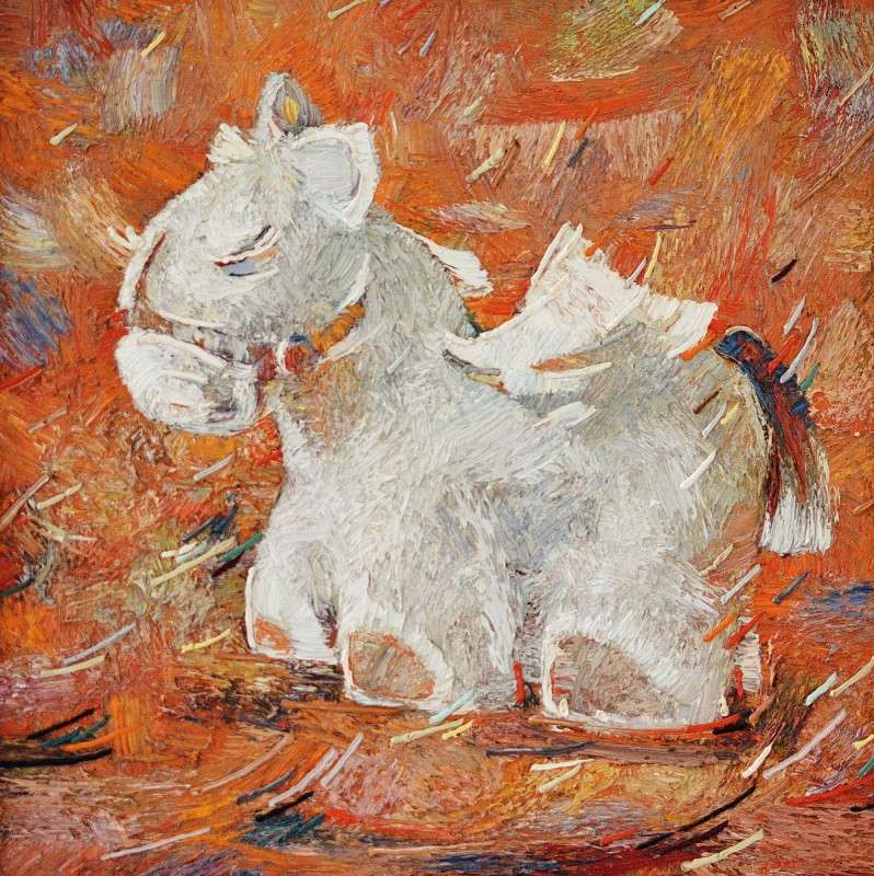 "Atelier. Măgărușul (In the workshop. The donkey)" by Anatol Ghimpu, 2001, 800x800mm, oil on canvas