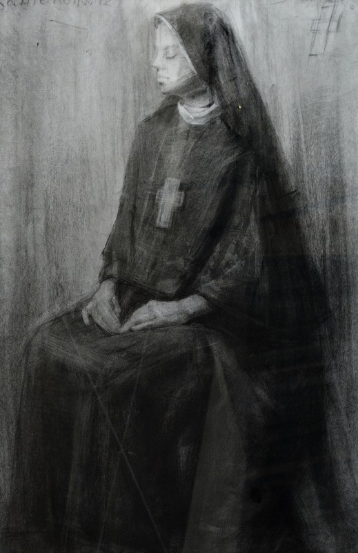 "Desen. Figură / semifigură. De lungă durată" by Margareta Fustei, 700x450mm, сărbune pe hârtie