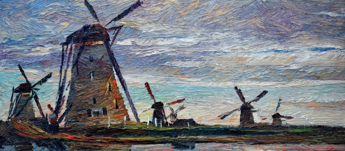 "Windmills at Kinderdijk" by Oxana Țip, 2020, 300x680mm, oil on canvas