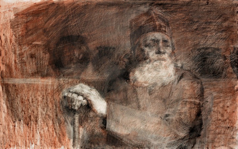 "Portrait" by Vitalie Golban, 2022, 500x800mm, Russian sauce and sanguine on paper