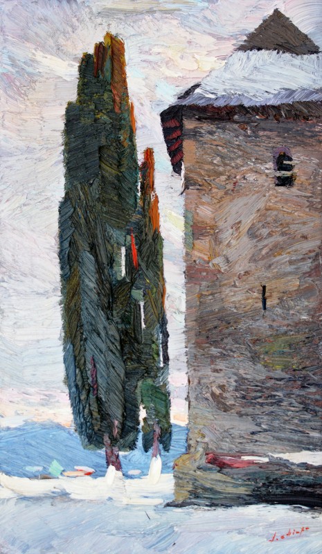"Winter. Tower. Moldovița" by Anatol Ghimpu, 2016, 520x300mm, oil on canvas