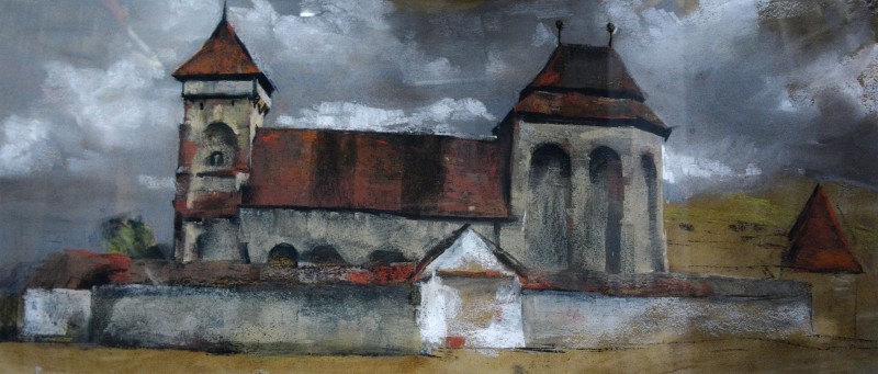 "Transilvania" by Ion Golubei, 2019, 700x300mm, Russian sauce and pastel on paper