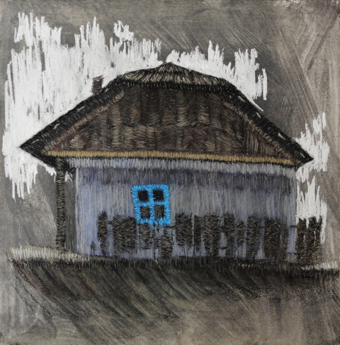 "Motiv" by Eduard Leahu, 2021, 400x400mm, Russian sauce and pastel on paper