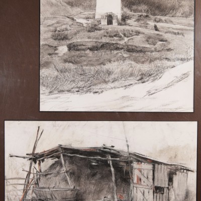 "Practica de vară. Butuceni" by Alexandra Clapatiuc, 2009, 380x400mm, 300x500mm, sepia on paper