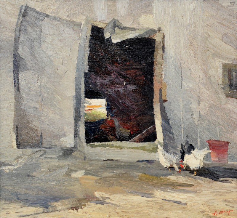 "Motiv. Găinușe" by Anatol Ghimpu, 1999, 420x460mm, ulei pe pânză