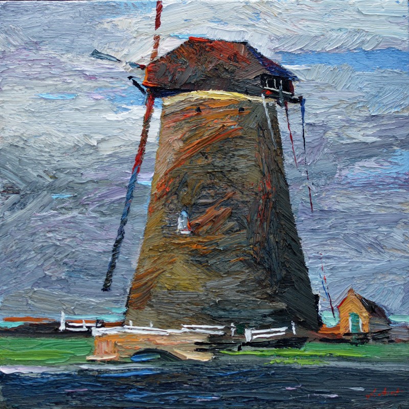 "Windmill. Kinderdijk" by Anatol Ghimpu, 2020, 420x420mm, ulei pe pânză