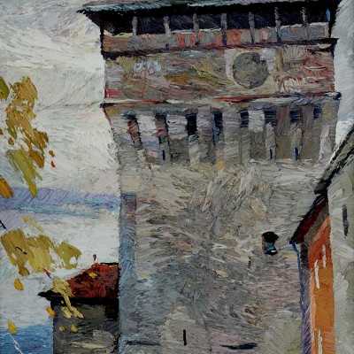 "Sighișoara. Tower" by Anatol Ghimpu, 2005, 600x300mm, ulei pe pânză