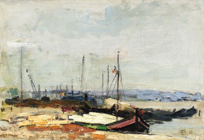 "Bărci la Tulcea" by Alexandru Ciucurencu, 1955, 24.5 x 35 cm. (9.6 x 13.8 in.), oil on canvas