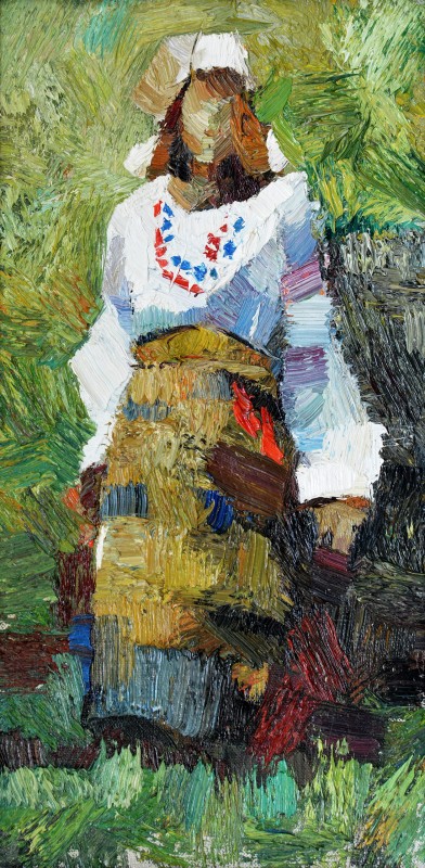 "Studiu. Figură în național" by Cristina Demian, 2016, 400x200mm, oil on canvas