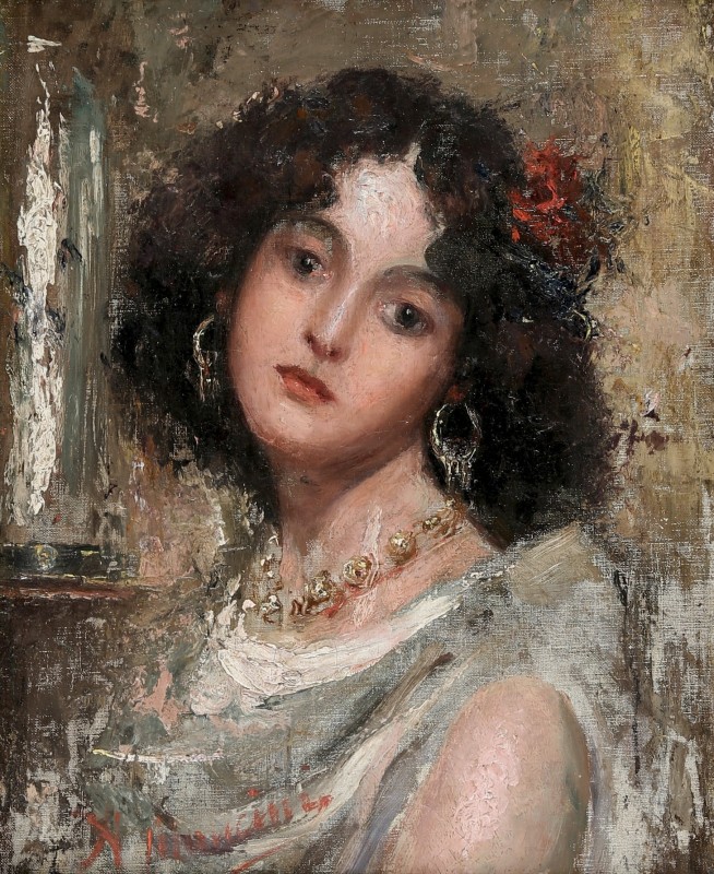 "Painting. Portrait" by Antonio Mancini, oil on canvas