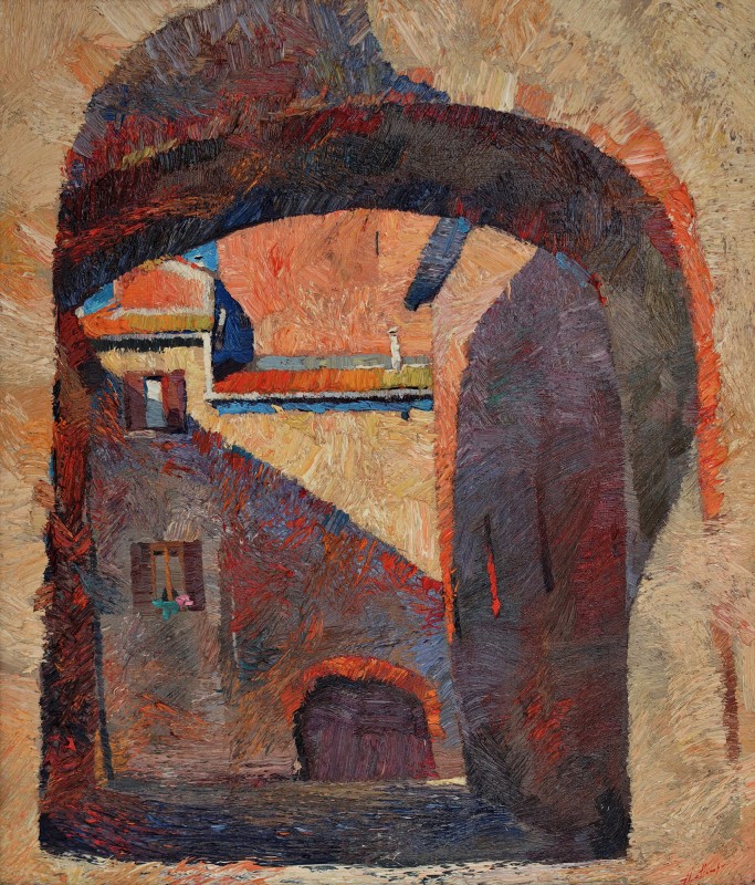 "Sighișoara" by Anatol Ghimpu, 2001, 600x520mm, oil on canvas