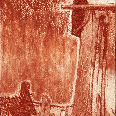 "Practica de vară. Naslavcea" by Alexandra Clapatiuc, 2009, 400x200mm, sanguine on paper