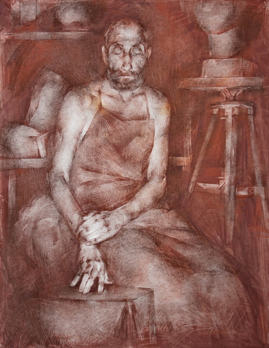 "Semifigură tematică" by Daniela Nemțanu, 2019, 900x700mm, sepia și sanghină pe hârtie