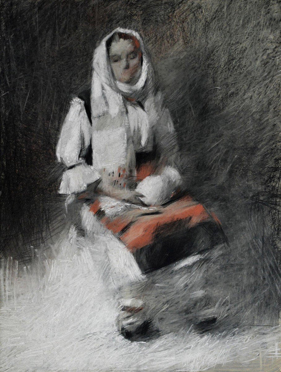 "Figure in national costume" by Ion Golubei, 2015, 500x400mm, Russian sauce and sanguine on paper