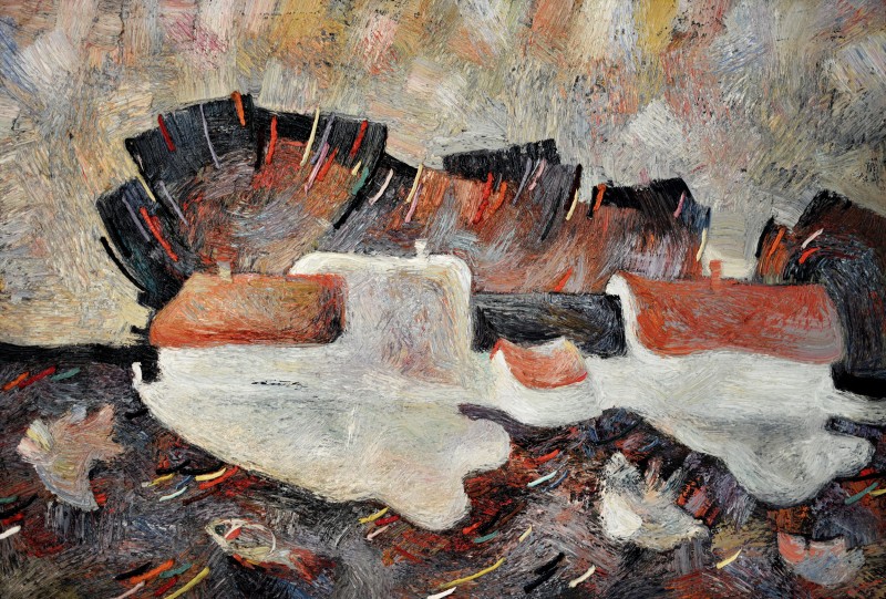 "Trenuțul din Vaja (The train from Vaja)" by Anatol Ghimpu, 1999, 680x1000mm, oil on canvas