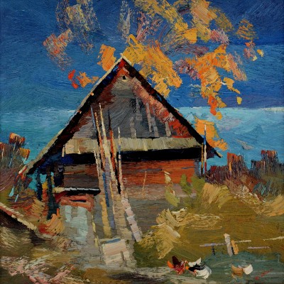 "Peisaj. Moldovița" by Anatol Ghimpu, 2000, 520x520mm, ulei pe pânză
