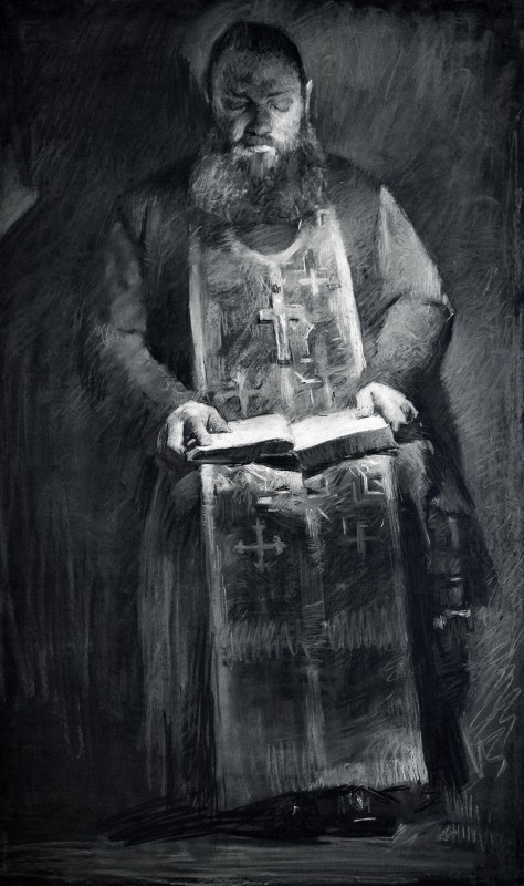 "Figură. Preot" by Cătălin Graur, 2016, 1000x600mm, Russian sauce on paper
