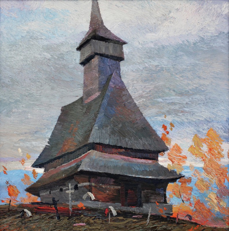 "The church. Maramureș" by Anatol Ghimpu, 2000, 520x520mm, oil on canvas