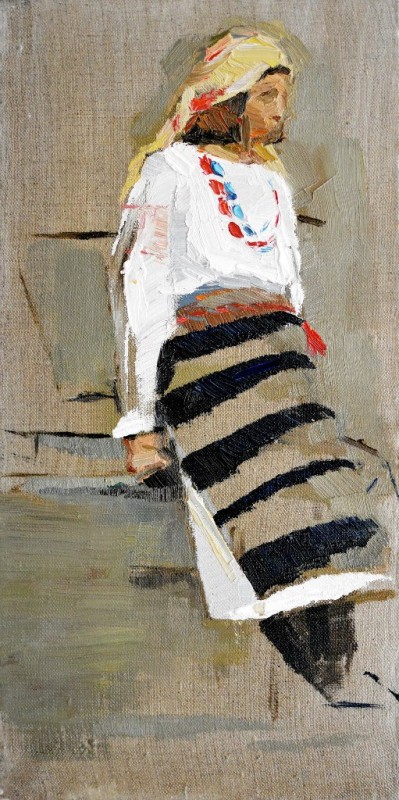 "Studiu. Figură în național" by Alexandru Bodrug, 2016, 400x200mm, oil on canvas