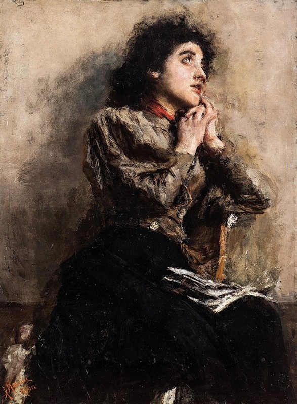 "Pictură. Figură / semifigură" by Antonio Mancini, ulei pe pânză