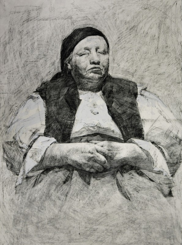 "Desen. Figură / semifigură. De lungă durată" by Cezar Ciobanu, 720x520mm, сărbune pe hârtie