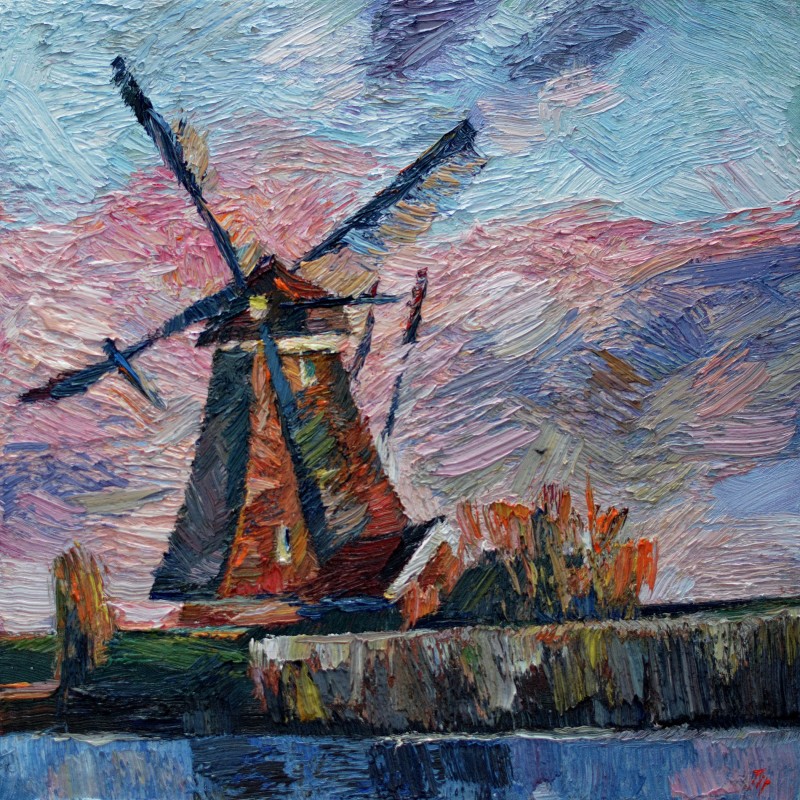 "Windmill at sunrise. Kinderdijk" by Oxana Țip, 2020, 420x420mm, oil on canvas