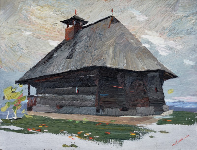 "Biserica din Hobița (Hobita Church)" by Anatol Ghimpu, 2017, 320x420mm, oil on canvas
