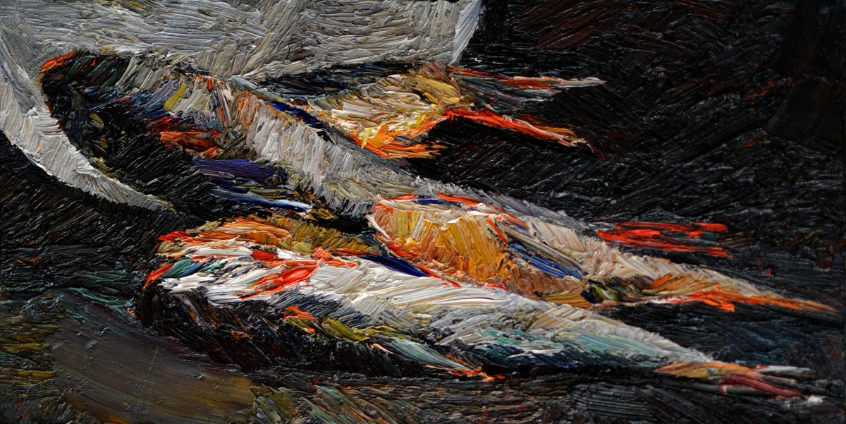 "Studiu. Pești" by Vlada Cibuc, 2017, 200x400mm, oil on canvas